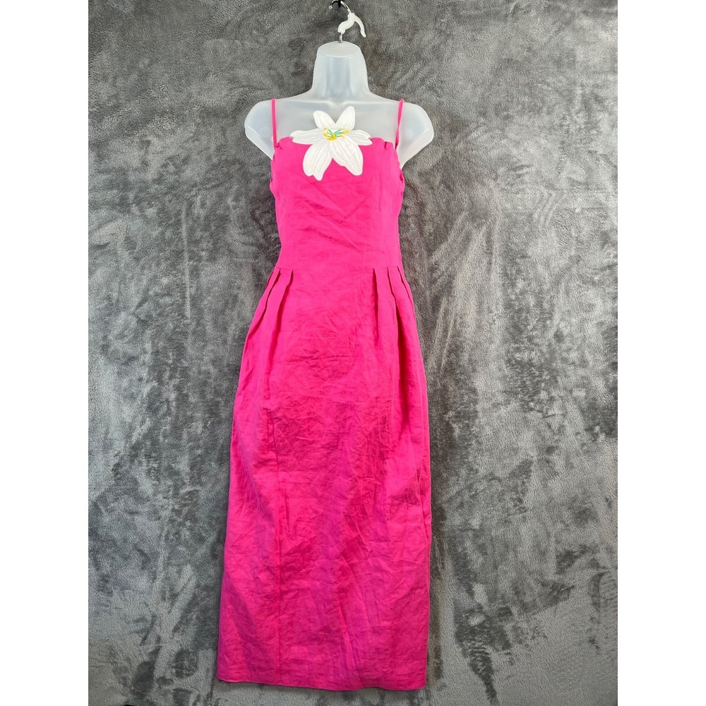 Fanm Mon Lorr Latrice Dress XL Pink Floral Embroidered Linen Midi Resort NWT